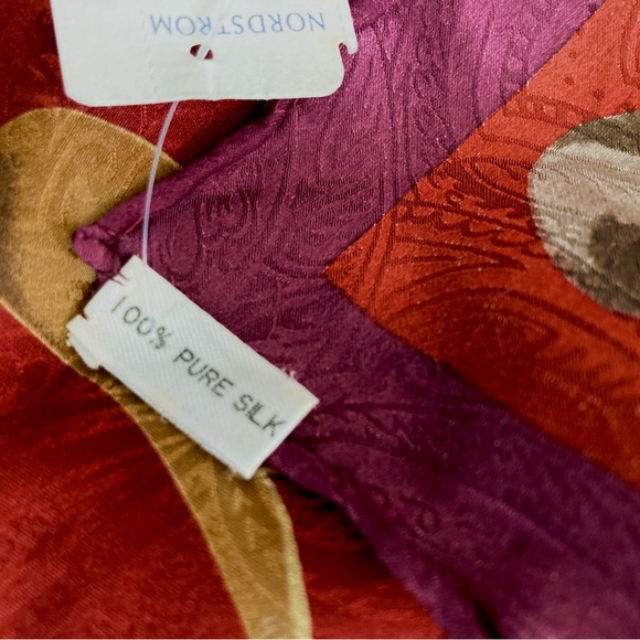 Large Paisley Silk Scarf, Terracotta, Burgundy, Gold, Jaquard, NWT - Picture 6 of 9